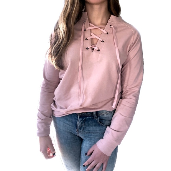 Lace up front detail terry cottonsweatshirt| Blush - Picture 4 of 10